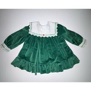Vtg Green Velvet Holiday Dress Just Adorable Girls 2T Eyelet Collar Ruffle Hem